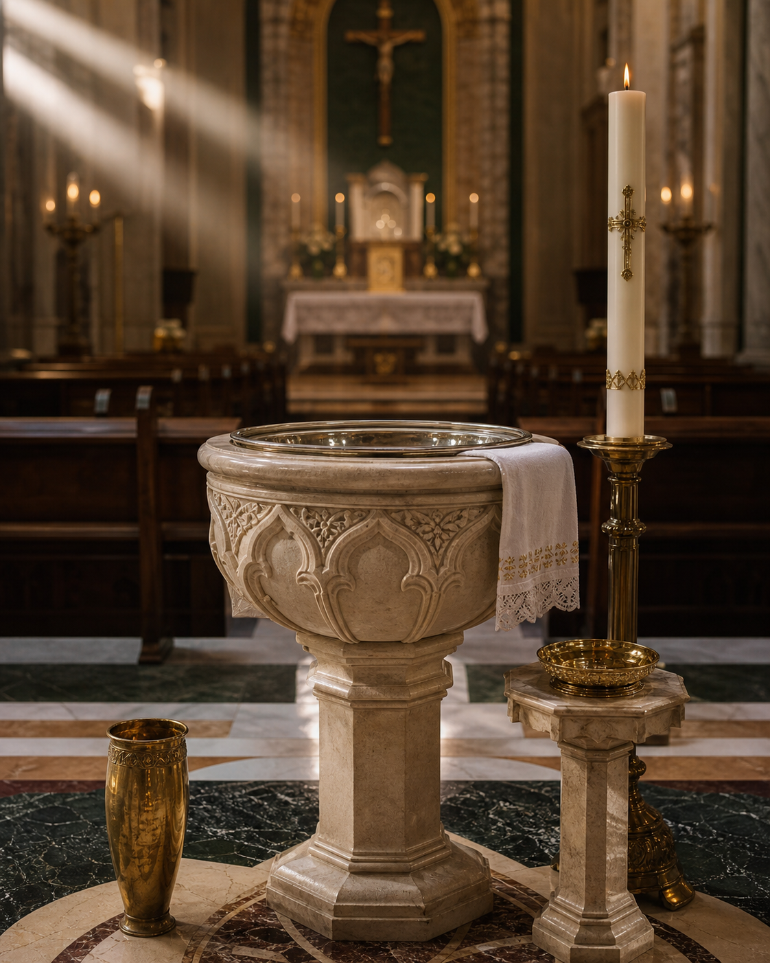 Baptismal font and candle inside a warmly lit church
